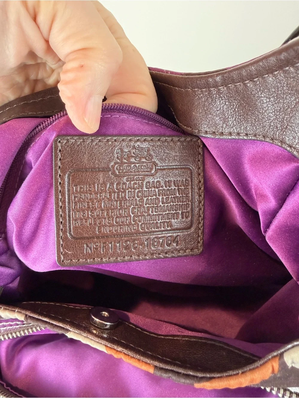 Coach Op Art Glam Satin Print Shoulder Bag in Brown, Purple & Cream